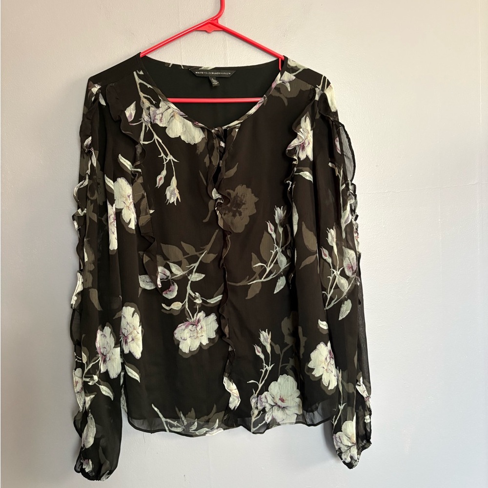 White House Black‎ Market floral sheer blouse w burnout tie Whimsigoth Large